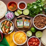 Flat-lay of taco ingredients with taco seasoning and chicken taco seasoning bowls in focus.