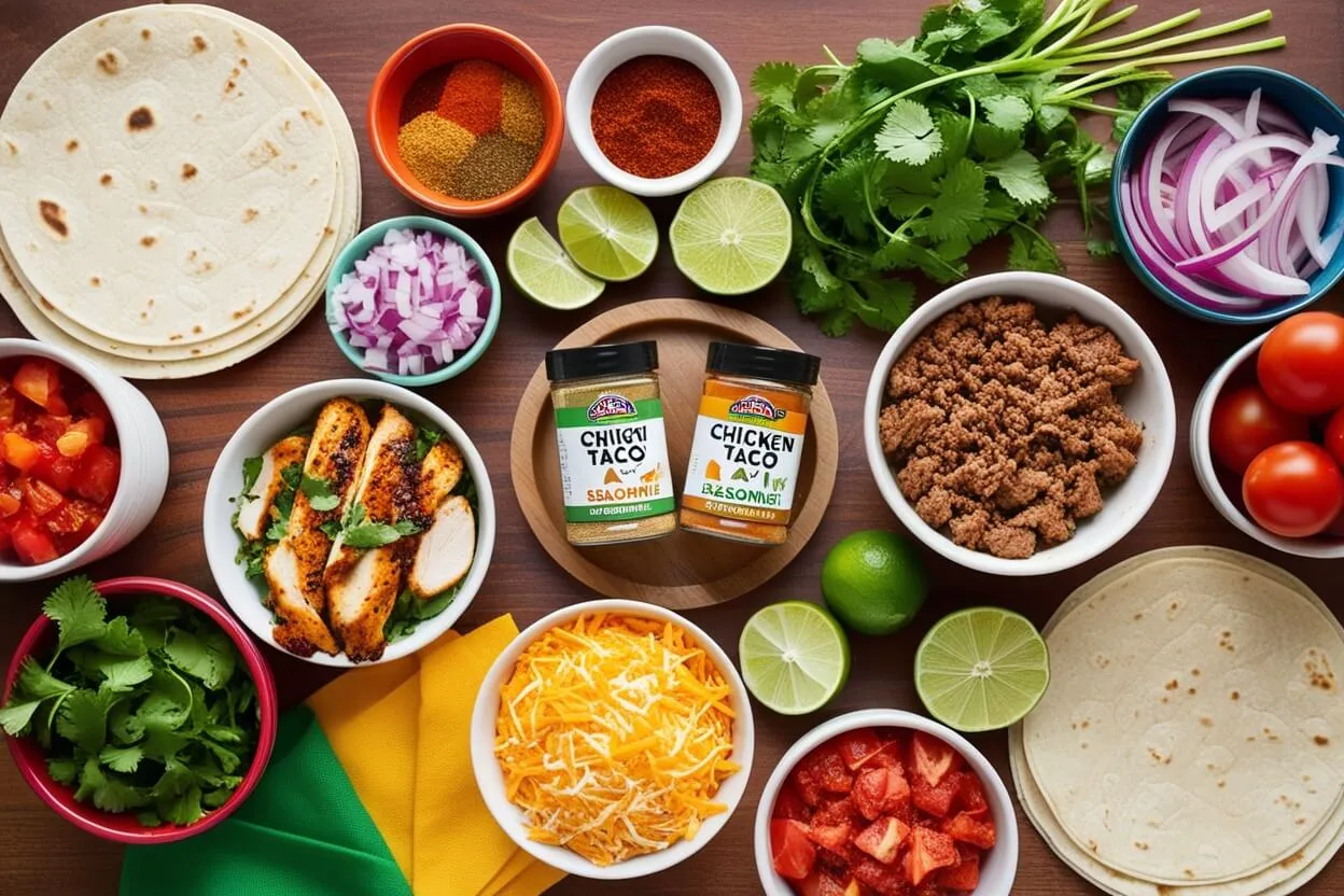 Flat-lay of taco ingredients with taco seasoning and chicken taco seasoning bowls in focus.