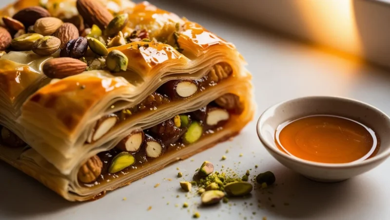 Close-up of golden, flaky Baklava with nuts and syrup.